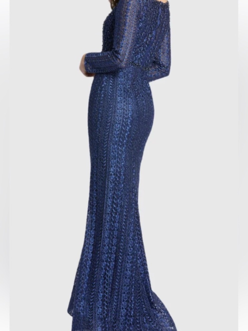 Mac Duggal Navy Beaded Long-Sleeve V-Neck Gown - Picture 3 of 8